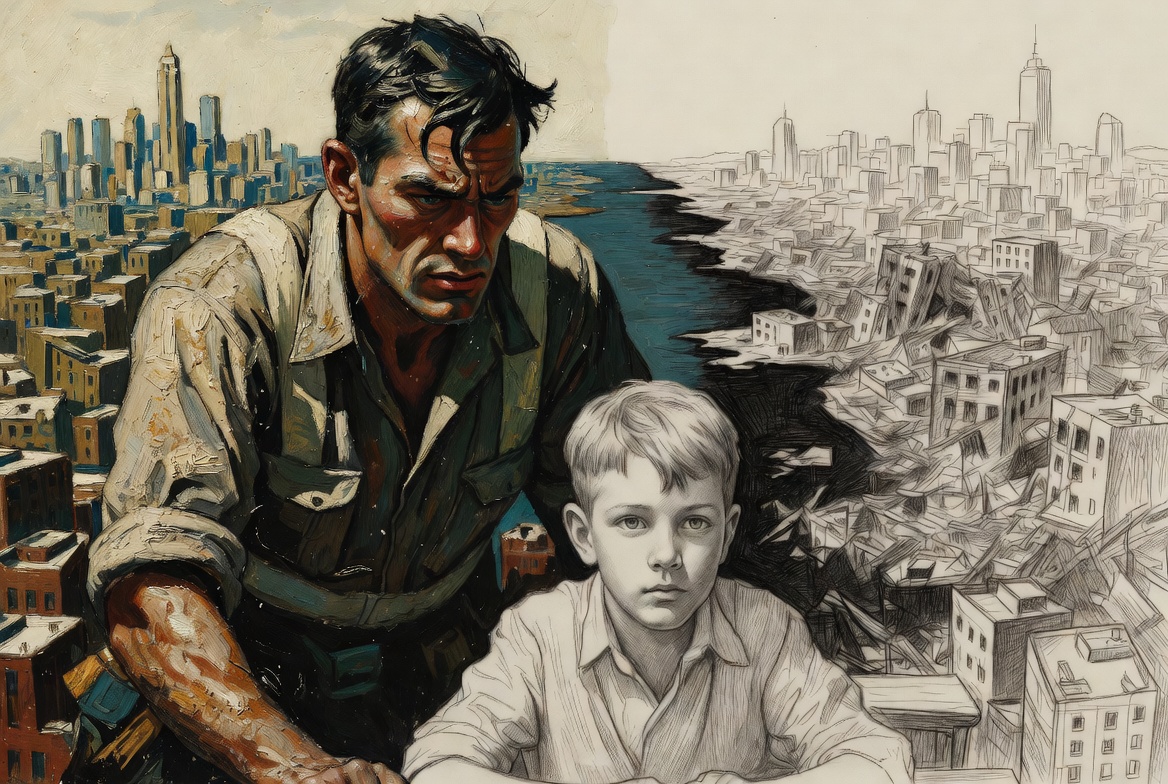 A father and son overlooking a divided city