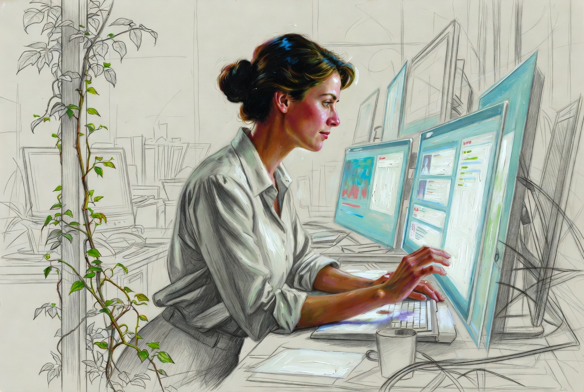 Norman Rockwell mixed-media. A woman in her thirties at a desk surrounded by floating translucent screens, oil-painted.