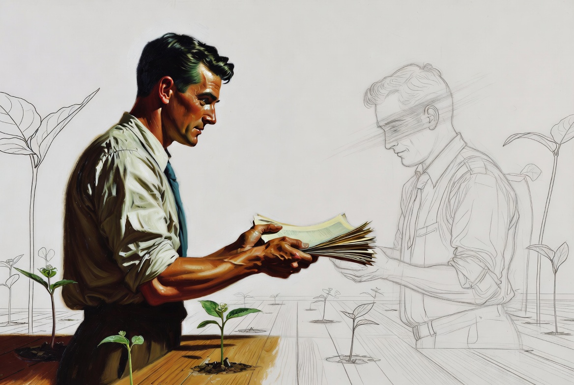 Norman Rockwell mixed-media. A man with rolled-up sleeves, oil-painted, handing a sheaf of papers to a translucent colleague.