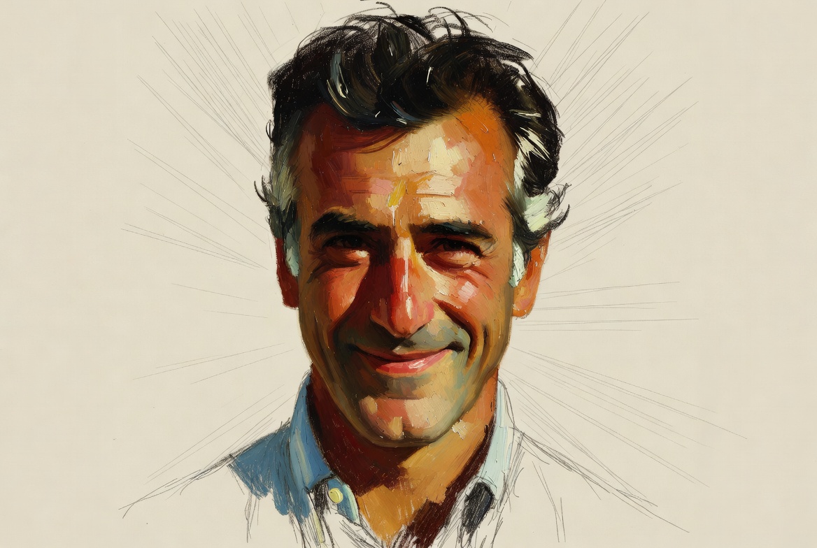 Portrait of a man with a warm smile and radiating lines around his eyes