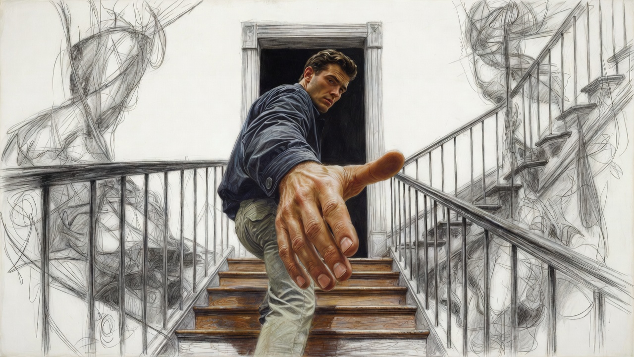 A man ascending a crumbling staircase, reaching his hand back toward the viewer