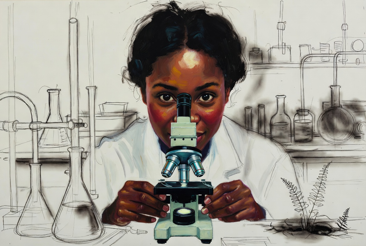 Norman Rockwell mixed-media. A young researcher, East African with deep brown skin, oil-painted in warm detail, peering...