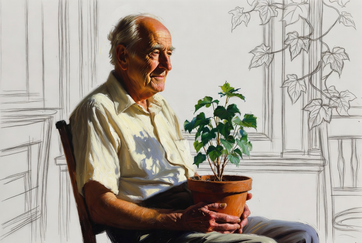 Norman Rockwell mixed-media. An elderly man sitting in a clinic waiting room, oil-painted with tender realism. He holds...