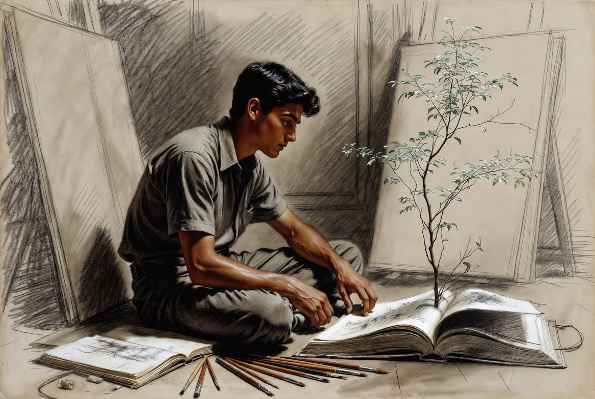 Norman Rockwell mixed-media. A young man, Latino with warm olive skin, sitting cross-legged on the floor surrounded by...