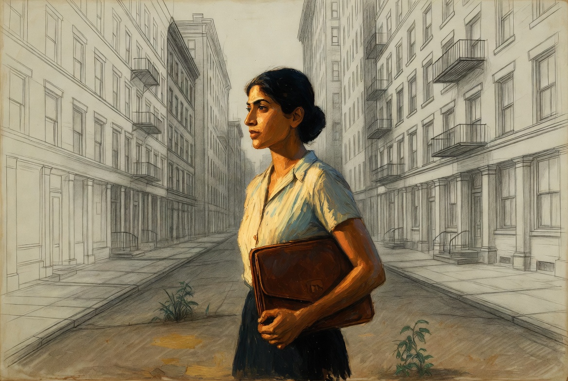 Norman Rockwell mixed-media portrait of a professional woman in warm realism style