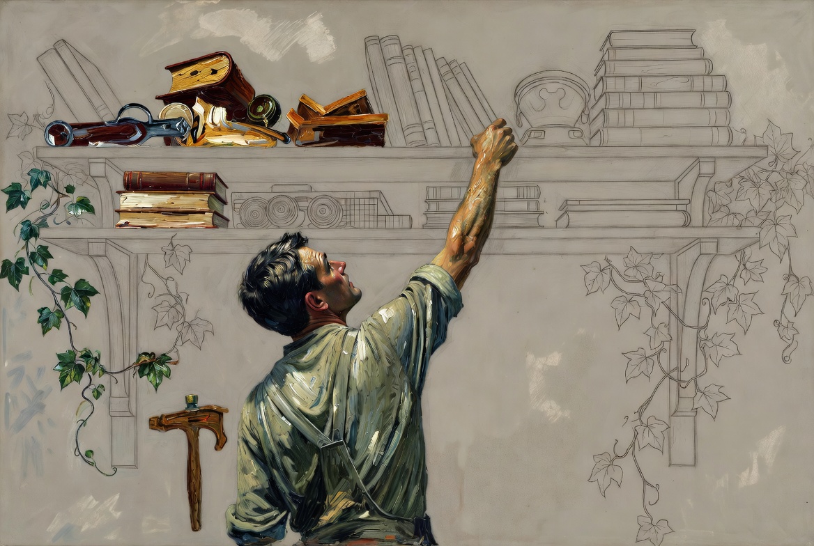 Norman Rockwell mixed-media portrait of electrician or tradesman reaching for tools on shelf