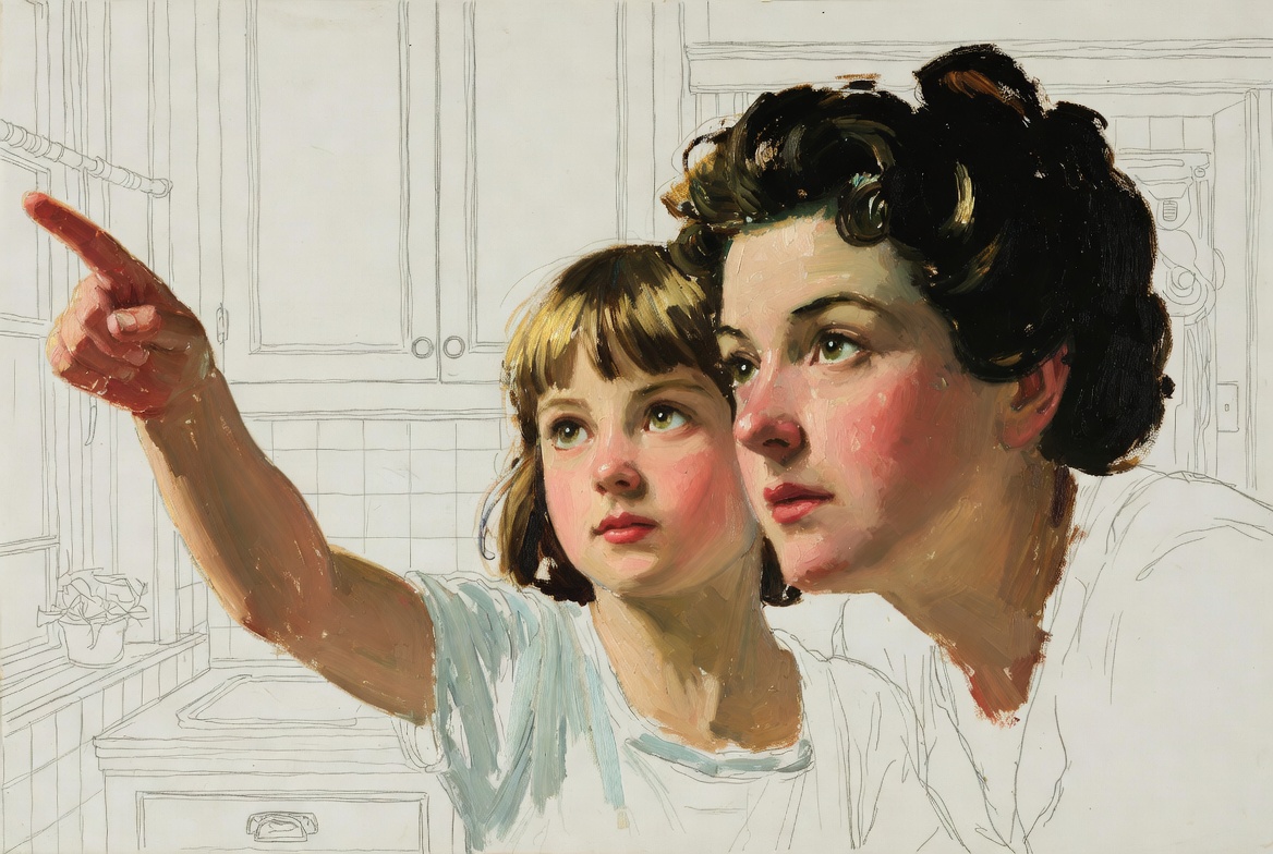 Norman Rockwell mixed-media portrait of mother and young daughter at kitchen table