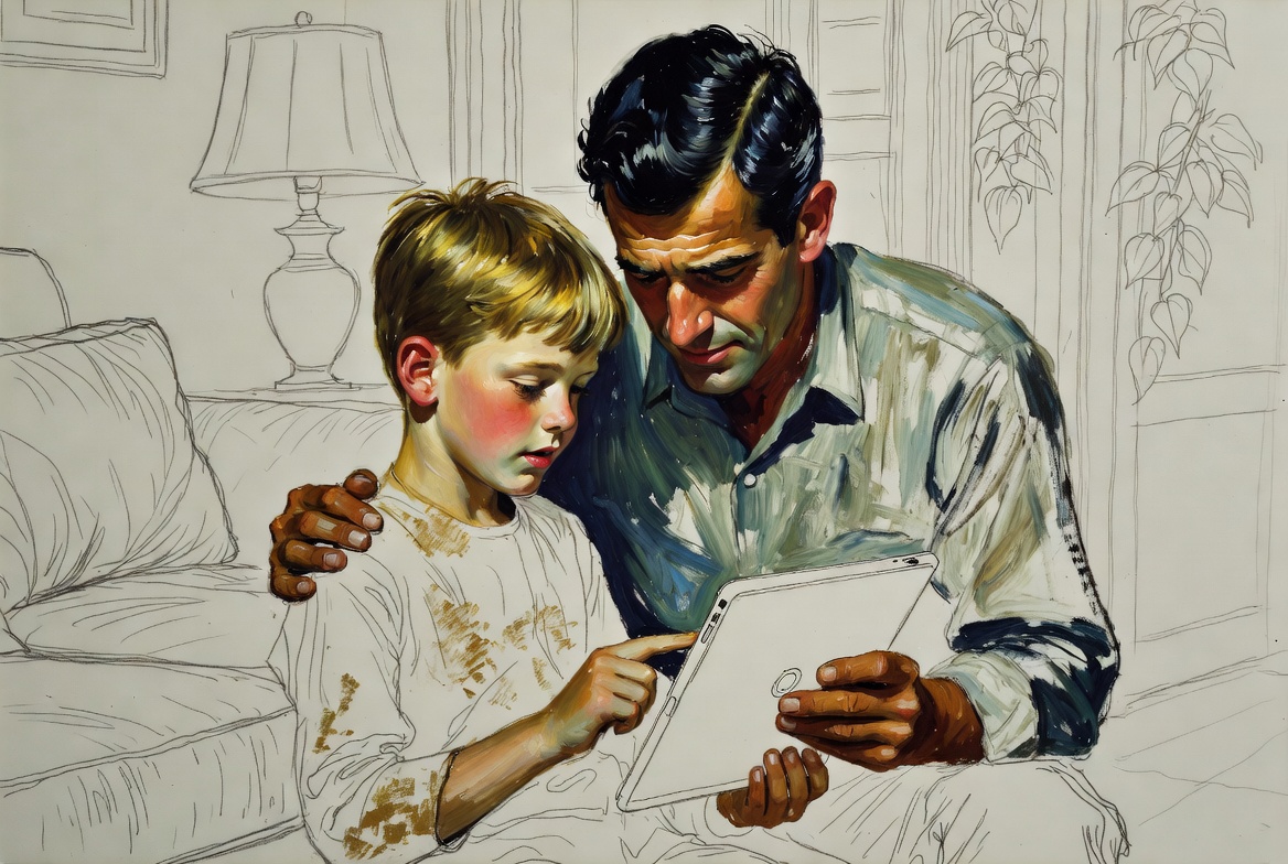Norman Rockwell mixed-media portrait of father kneeling with son holding tablet