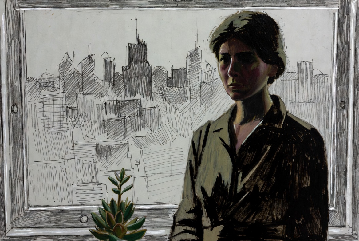 Norman Rockwell mixed-media portrait of woman standing at window in somber realism style