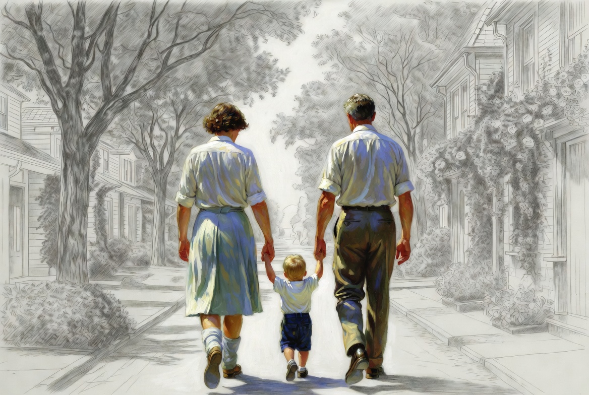 Norman Rockwell mixed-media. A family of three walking together on a tree-lined path, oil-painted in luminous realism.