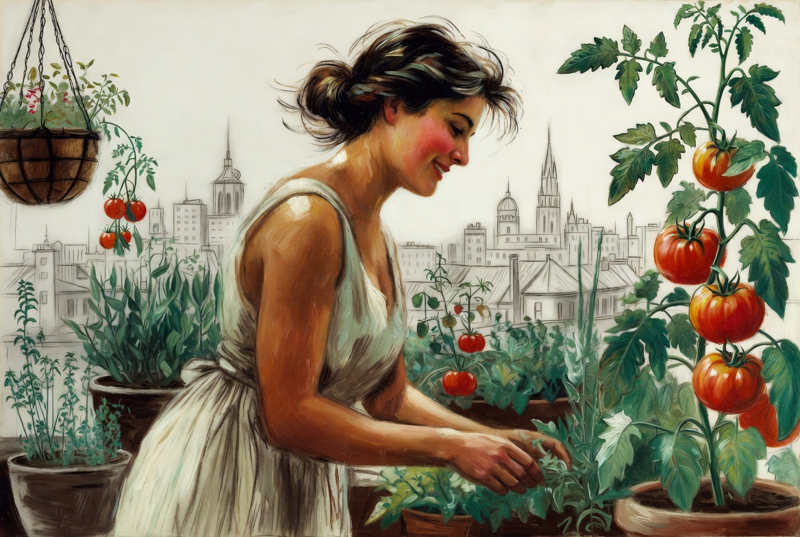 Norman Rockwell mixed-media. A woman in her twenties tending a rooftop garden, oil-painted with joyful warmth.