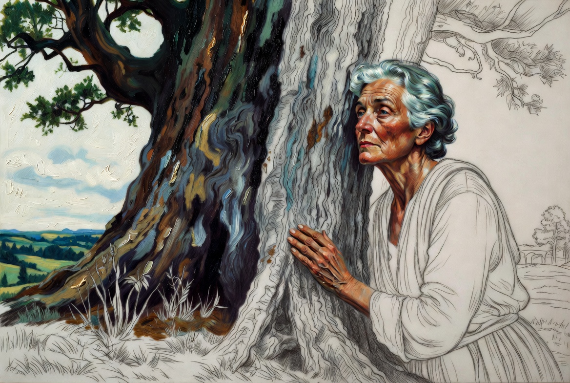 Norman Rockwell mixed-media. A woman in her seventies, oil-painted in vivid realism, running her fingers along tree bark.