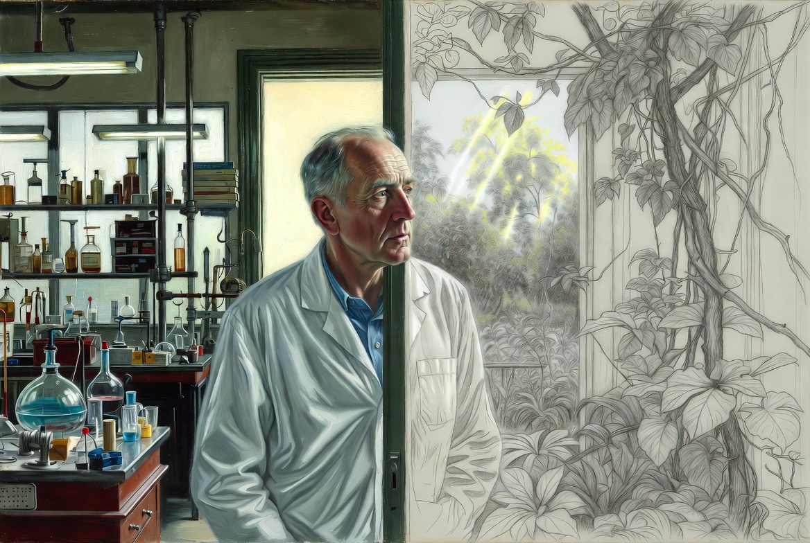 Norman Rockwell mixed-media. A man in his sixties with Nordic features, oil-painted in realistic detail.