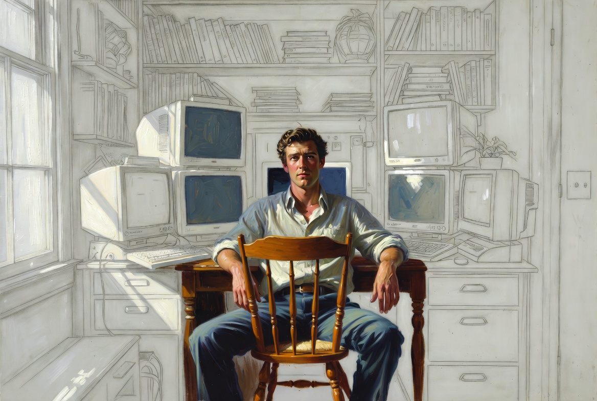 Norman Rockwell mixed-media. A man in his thirties at a small desk in a home office, oil-painted in warm realism.