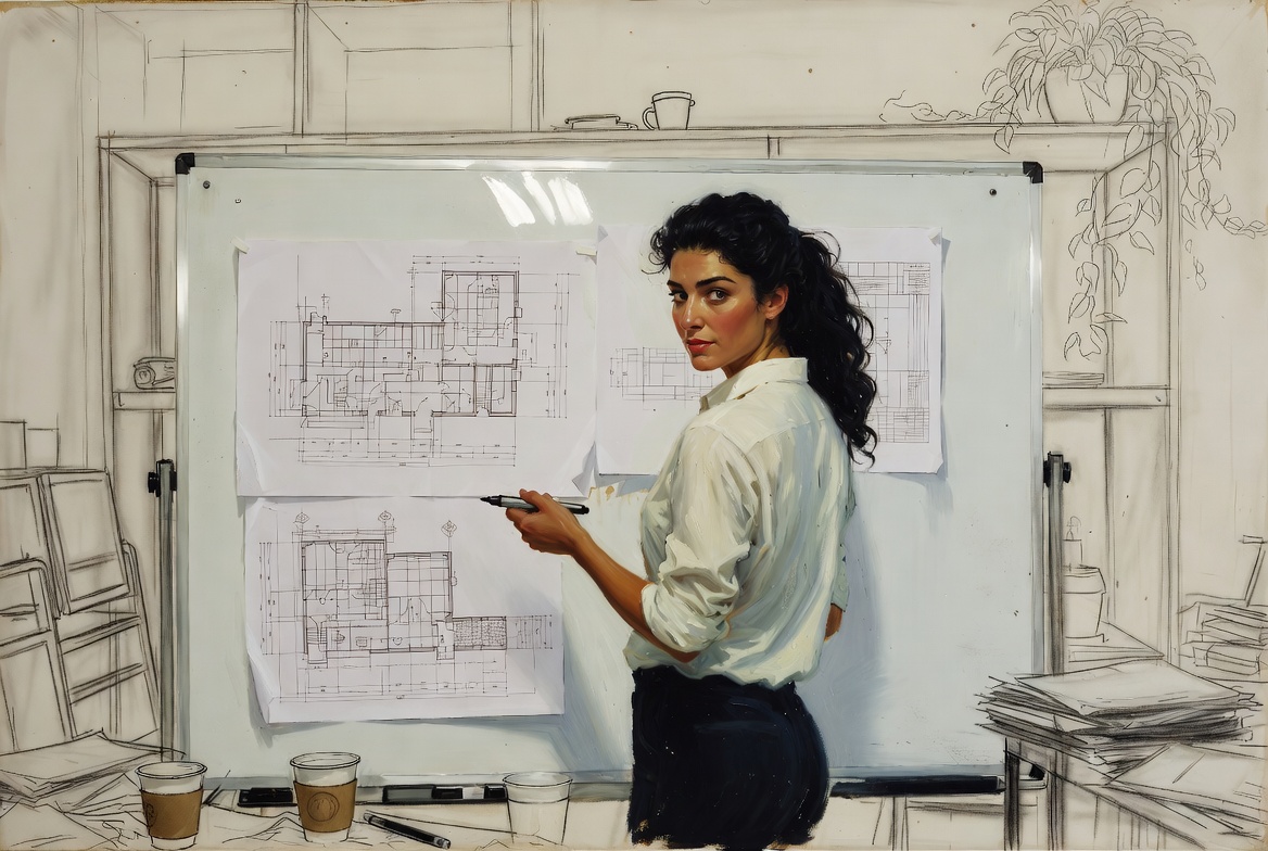 Norman Rockwell mixed-media. A woman standing at a whiteboard, oil-painted in detailed realism.