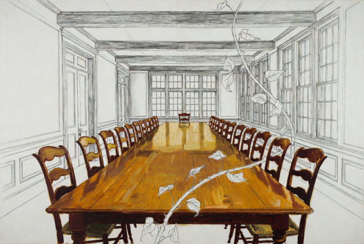 Norman Rockwell mixed-media. A long wooden table viewed from one end, oil-painted in warm, golden realism.