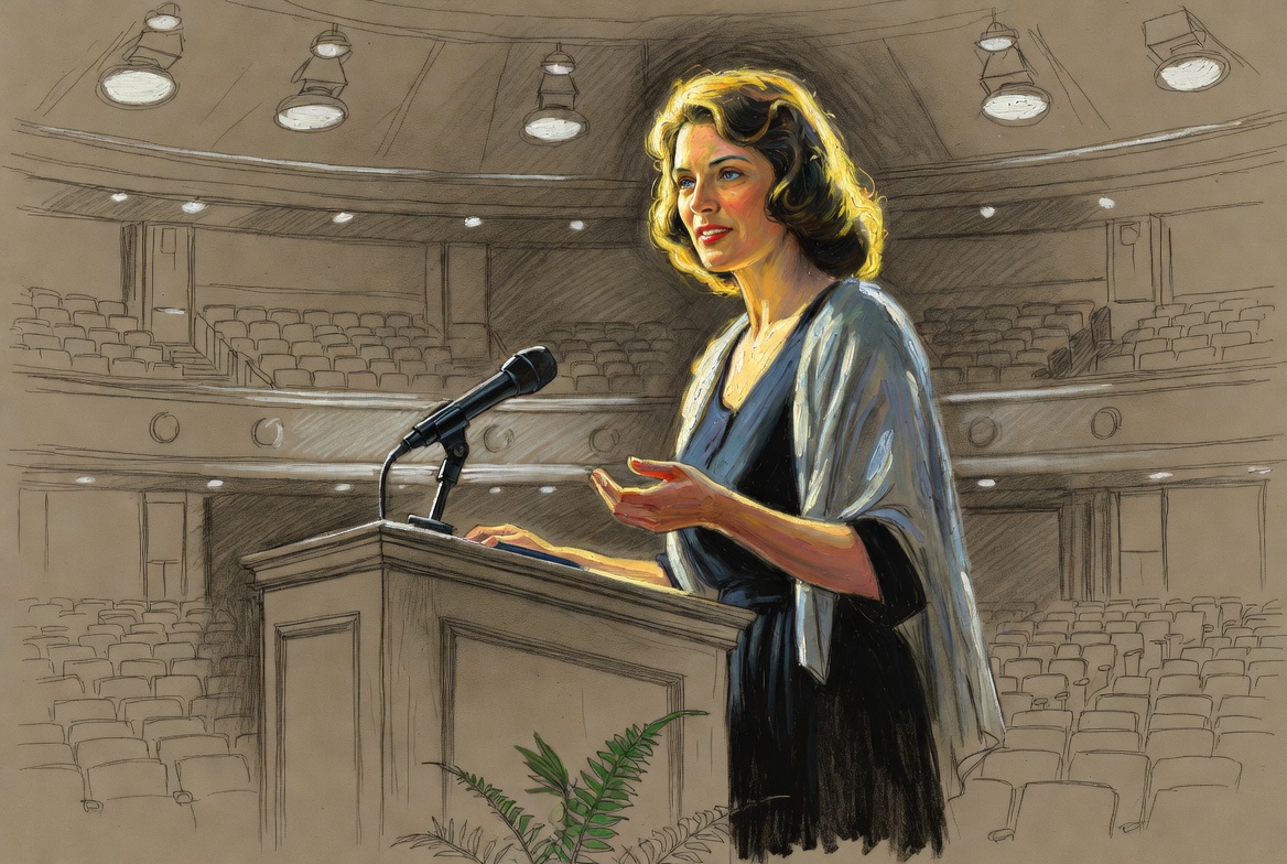 Norman Rockwell mixed-media. A woman in her forties standing at a podium, oil-painted in confident realism.