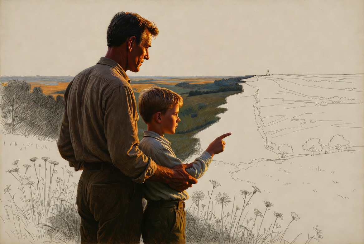 Norman Rockwell mixed-media. A father and young son standing together on a hilltop, oil-painted in warm realism. They...