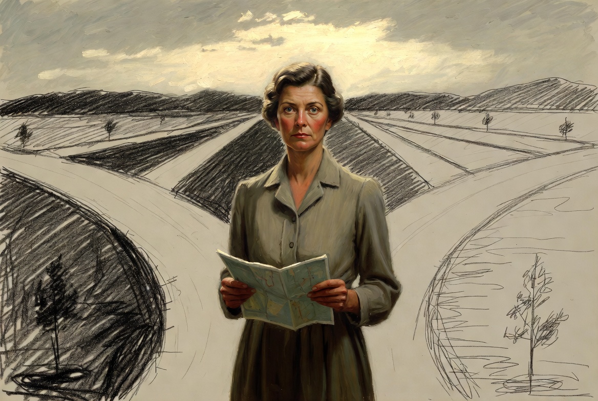 Norman Rockwell mixed-media. A woman in her fifties standing at a fork in a wide road, oil-painted with quiet...