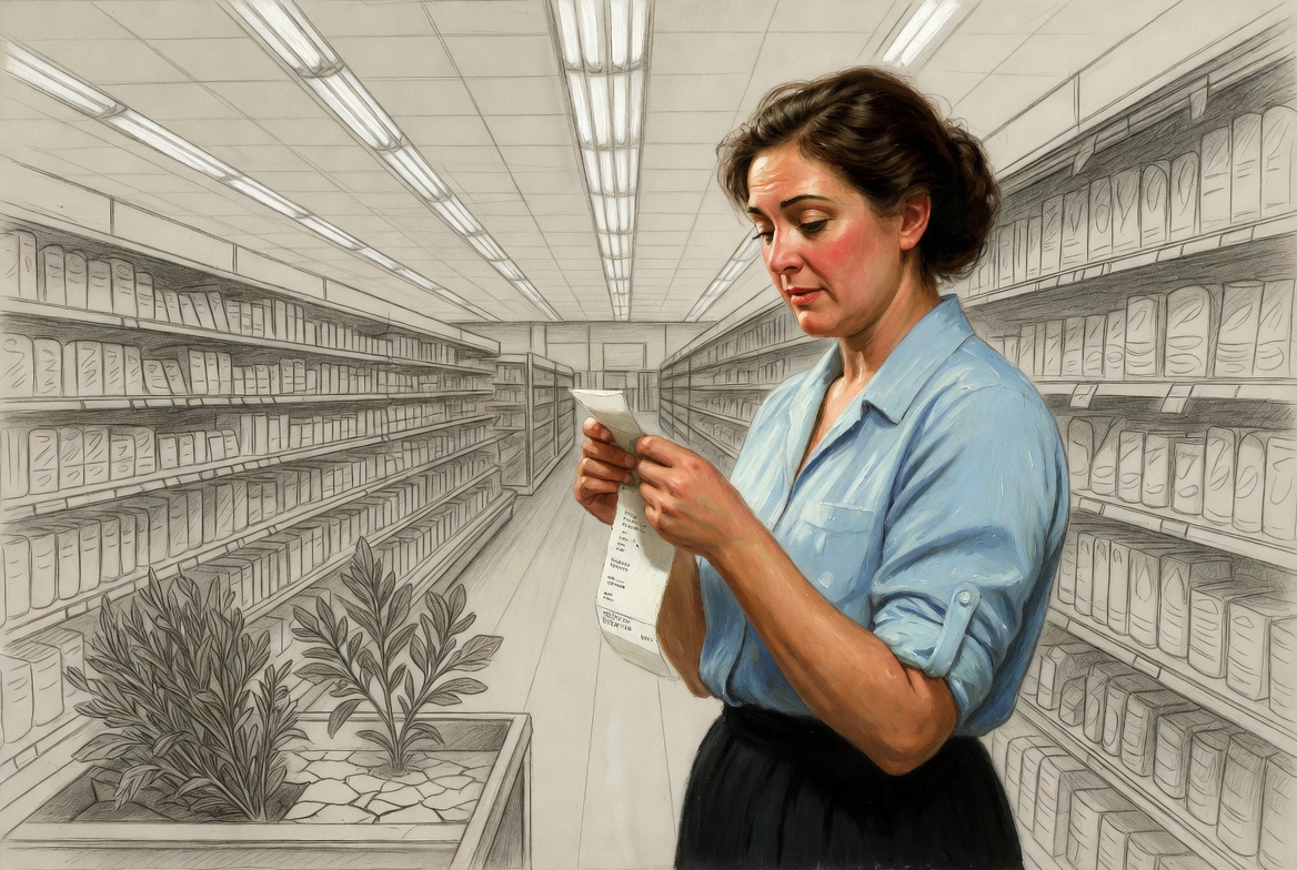 Norman Rockwell mixed-media. A woman in her forties at a grocery store, oil-painted in everyday realism. She holds a...