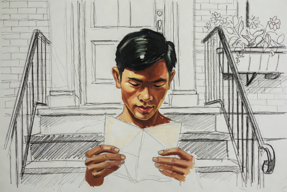 Norman Rockwell mixed-media. A young man, Southeast Asian with warm brown skin, oil-painted, sitting on his apartment...