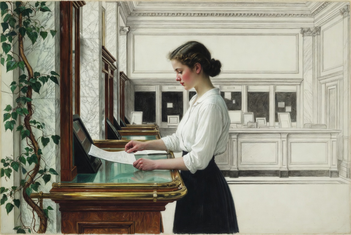 Norman Rockwell mixed-media illustration of a young woman confidently managing financial transactions at a bank counter