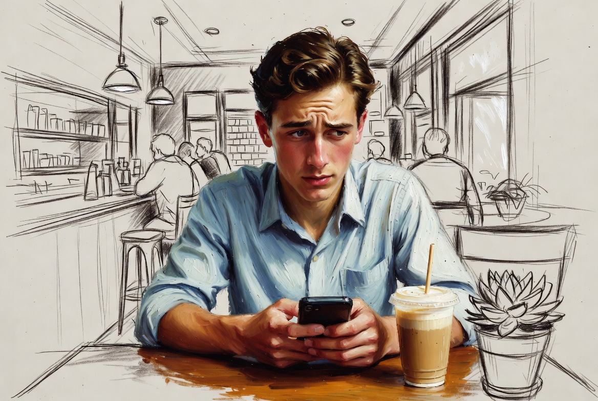 Norman Rockwell mixed-media illustration of a young man reviewing investment information on his mobile device