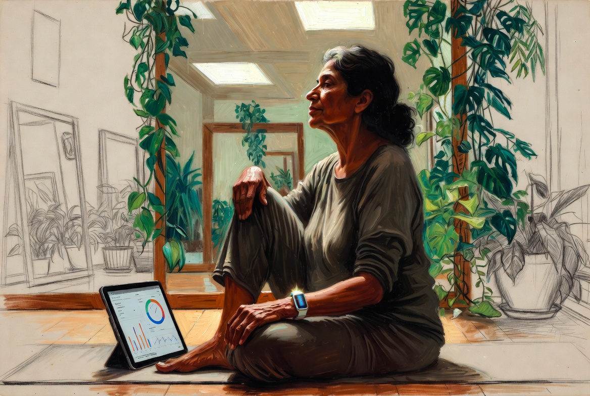 Norman Rockwell mixed-media illustration of a woman in her sixties practicing yoga and wellness monitoring
