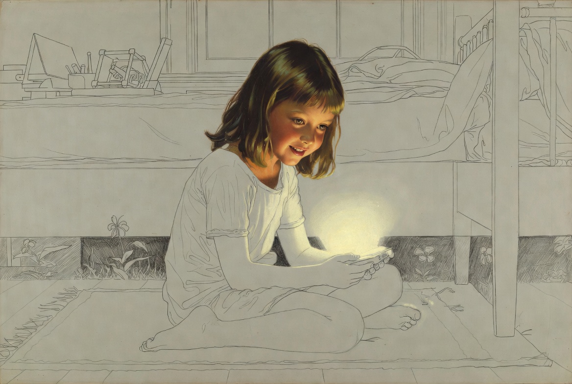 Norman Rockwell mixed-media. A girl around eight years old, oil-painted in vivid realism, sitting cross-legged with a device