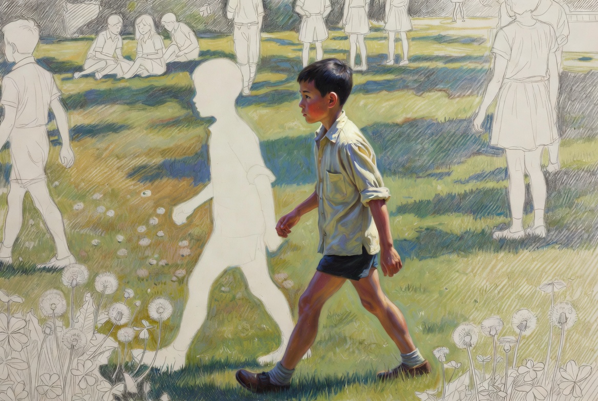 Norman Rockwell mixed-media. A boy around ten, East Asian with tan skin, oil-painted, walking through a schoolyard