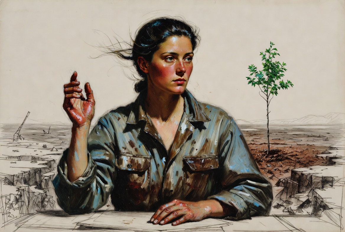 A woman gesturing toward a sapling growing from barren ground